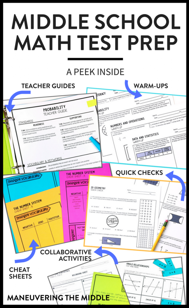Ideas and resources for implementing middle school math test prep in your classroom! Keep test prep engaging and hands-on with less prep for teachers. | maneuveringthemiddle.com